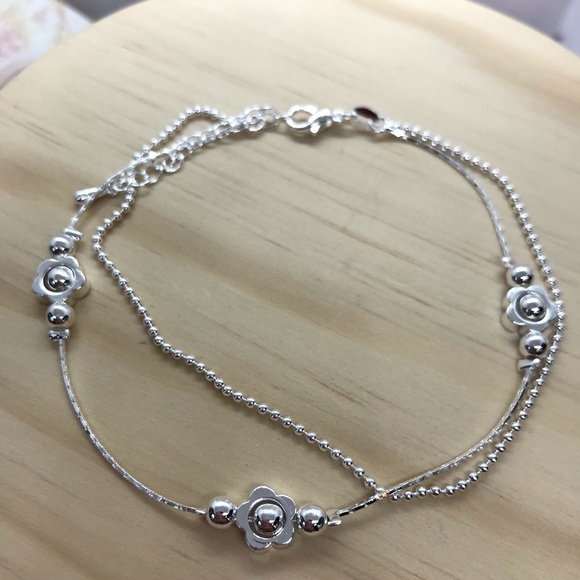 Flower Sterling Silver 925 Dainty Anklet - Picture 2 of 3